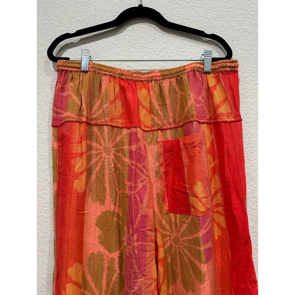 Free People Sunset Floral Wide Leg Pants Orange Red Cotton Linen Blend Medium